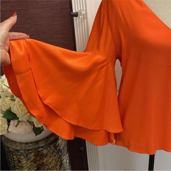 AlexisOrange  100% silk V-Neck Ruffle Sleeve Top, S - Picture 3 of 7